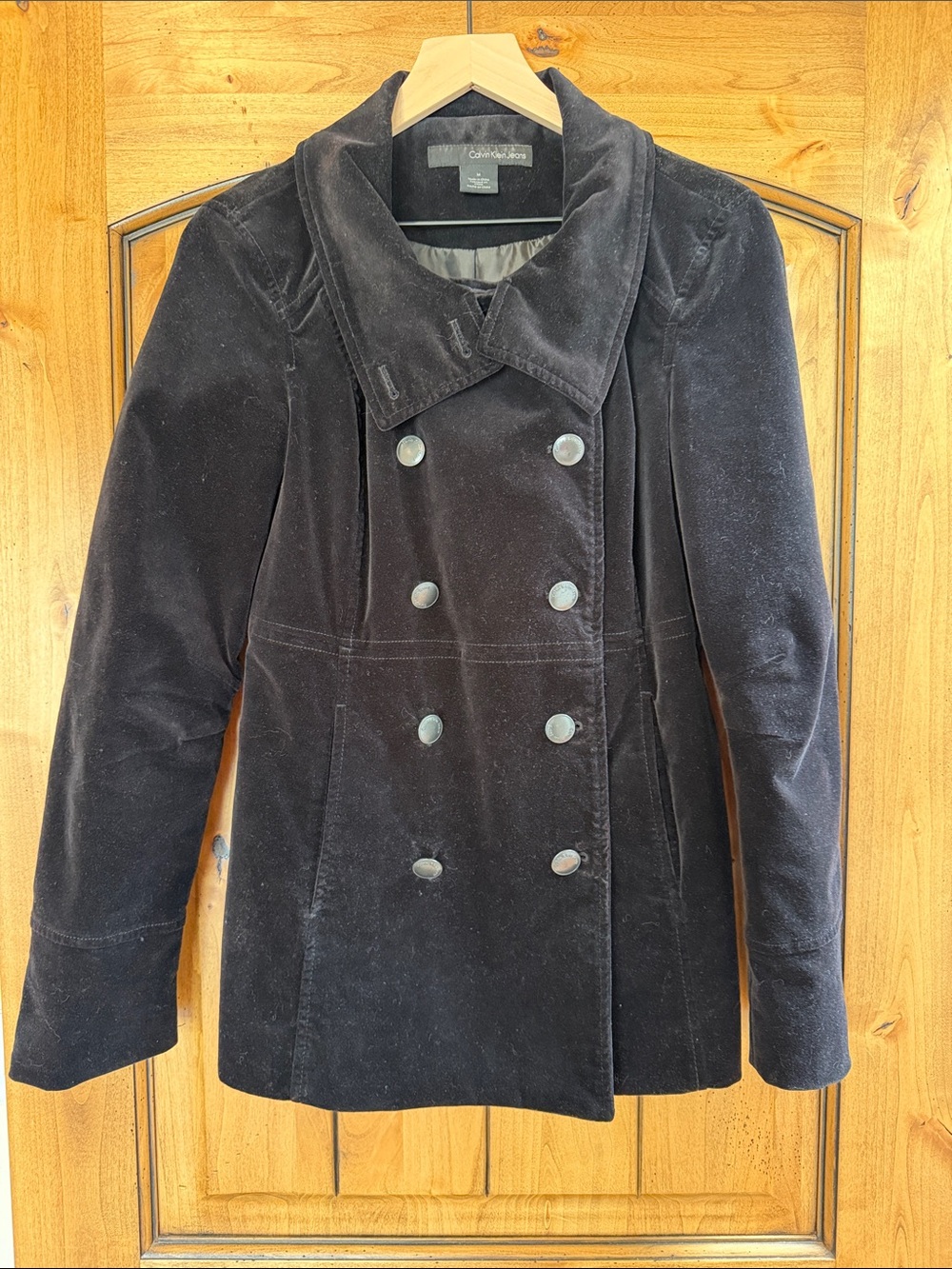 Vintage Calvin Klein Black Velvet Double-Breasted Peacoat